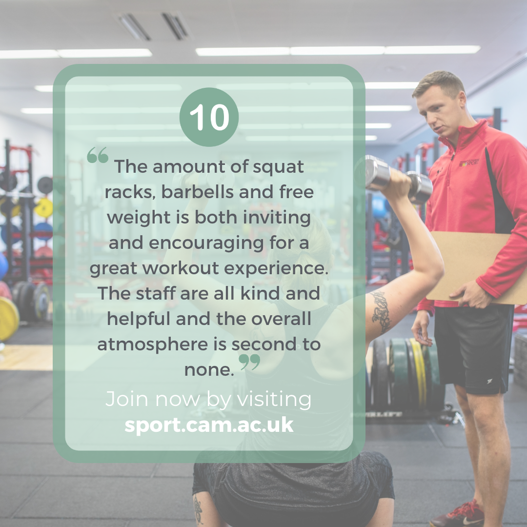 Image of PT with client. Overlay text of member review: "The amount of squat racks, barbells and free weight is both inviting and encouraging for a great workout experience. The staff are all kind and helpful and the overall atmosphere is second to none"