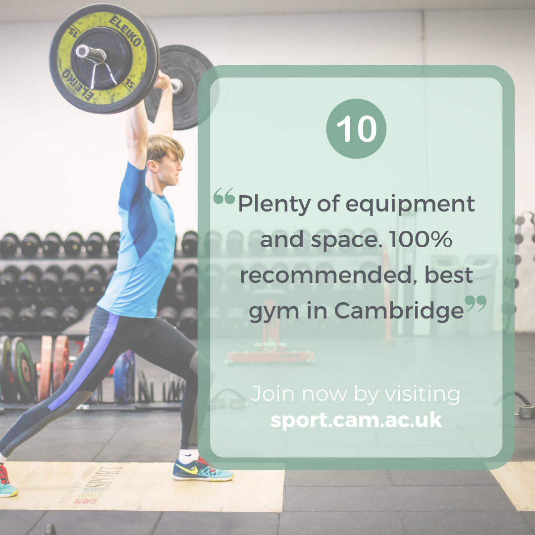 Image of young man lifting a bar bell. Overlay text of member review saying "Plenty of equipment and space. 100% recommended, best gym in Cambridge"